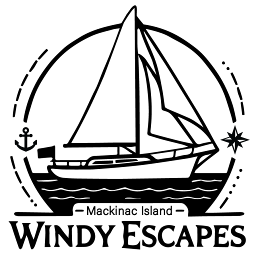 Windy Escapes logo: black line drawing showing a sailboat on water in a circle with words "Mackinac Island Windy Escapes" at the bottom